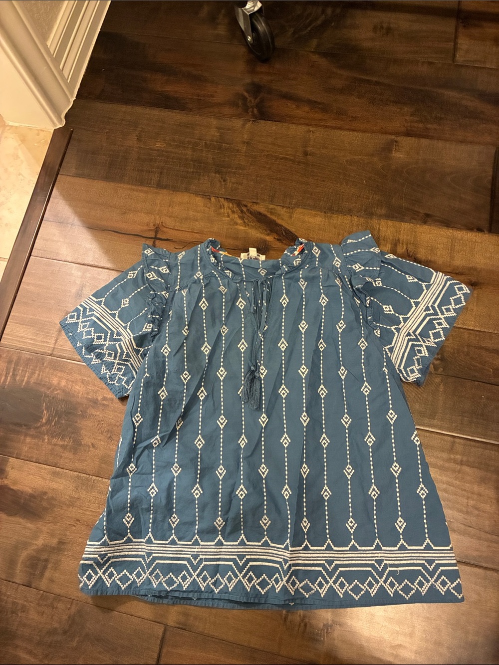 Umgee Blue Embroidered Tassel Peasant Blouse